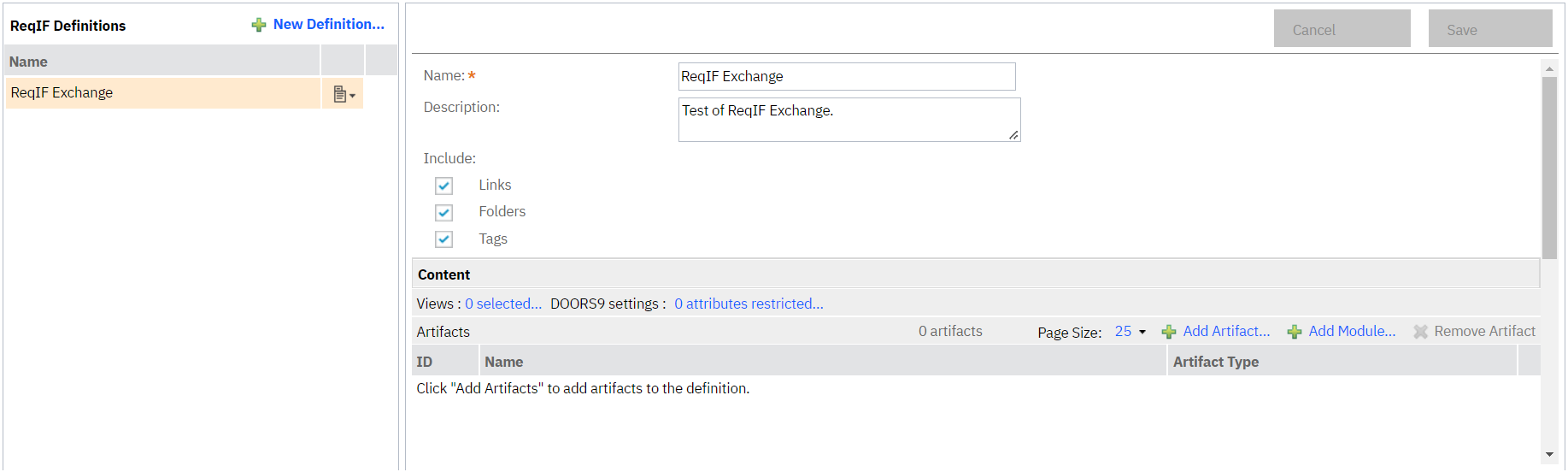 Interface of the ReqIF definitions window